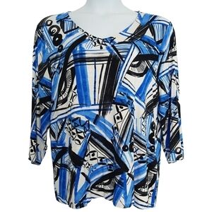 Chico's Easywear White Black Blue Abstract Art to Wear 3/4 Sleeve Top Modern